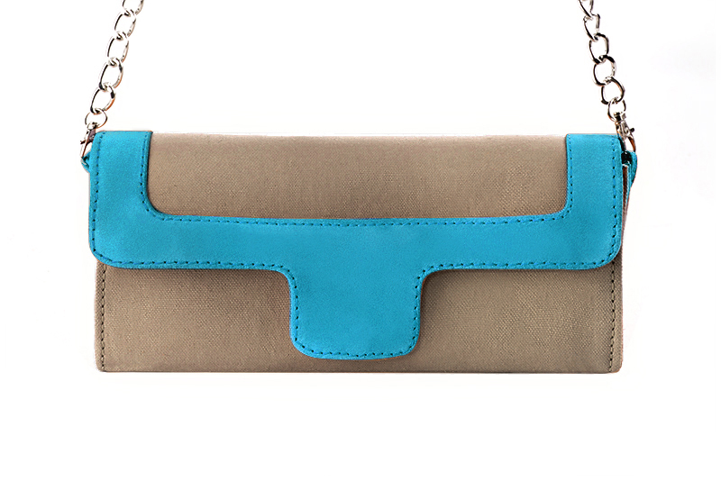 Women's tan beige and turquoise blue luxurious elegant clutch for ceremonies, weddings and evenings out. - Profile view